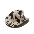 Close-up of western cowboy hat with cow print texture and curved brim detail - White Cow Print (Style A)