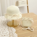 Detail of cream straw hat and matching crossbody bag with delicate lace bow accents - S (Kids 52cm 1-6Y) / Milk White Hat + Bag