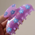 Cute purple acetate hair claw clip with blue flower print and pearlescent finish - Blue Flower (H598)
