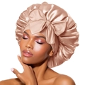Elastic satin bonnet in champagne gold with a large bow for hair protection - One Size / Champagne