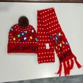 Red Christmas LED knitted hat and scarf set with white snowflake patterns and text - Red Light String-Set