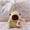 Plush capybara keychain with a green crossbody bag featuring the lucky Chinese character - Light Brown Red Fortune + Silver Clip