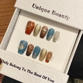 Maillard style hand-painted press-on nails with amber marble and metallic textures - 2616 Short Coffin / Extra Small (XS)