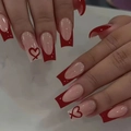 Detail of square press-on nails with dark red French tips and heart patterns - Red French Heart Style (AW518)