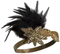 Schwarzes 1920er Gatsby Federstirnband mit goldenen Blattpailletten und elastischem Band - Schwarze Feder Goldener Stern