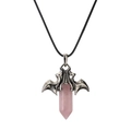 Vintage silver bat pendant with pink crystal hexagonal prism on black cord necklace - Rose Quartz Wax Cord