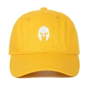 Close-up of a vibrant yellow baseball cap with white spartan helmet embroidery detail - Yellow / Adjustable