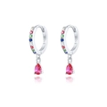 Detail of S925 silver hoop earrings with multicolored stones and red teardrop pendant - Silver-Tone - Colorful Zircon