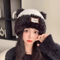 Cute panda-style plush winter hat for women in black and white fuzzy knit material - Fur Yarn STA-Black