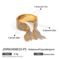 Goudkleurige roestvrijstalen kwastjesring met strassteentjes en hangende kralen - Gouden Kwastje Strass Ring (JDRW2408019-PS)