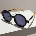 Retro-Rundsonnenbrille mit schwarzem Rahmen und Bügeln im Schildpatt-Muster - Schwarzer Rahmen Graue Linsen Leopardenbein
