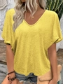 Detailed texture of women's yellow V-neck short sleeve tee in pleated cotton blend fabric - S / Tops / Yellow