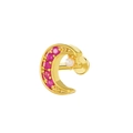 Exquisite golden moon labret stud with five pink zircons and a small dangling white pearl - Gold Crescent / Purple Stone (K-935)