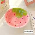 Cute strawberry shaped ceramic bowl with pink finish and green leaf handle for kids - Ceramic / Strawberry Bowl