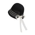 Cappello parasole in maglia nera da donna con strisce bianche e fiocco in pizzo - Nero