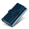 Portafoglio lungo in pelle cerata blu con texture e cuciture bianche a contrasto - Blu