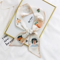 French style hair scarf with colorful illustration and orange border on white silk - 7*100cm / Middle Parted Girl
