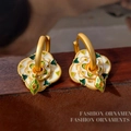 Gold hoop earrings with multicolor floral enamel pendants and green diamond charms - T2347 Style / Geometric Floral Pendant