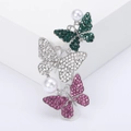 Broche papillon vintage en alliage avec perles, strass et ailes vertes, blanches et roses - Rose