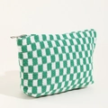 Knitted green and white checkerboard cosmetic bag with metal zipper closure - Green Check