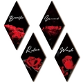 Set of 4 diamond wooden wall plaques with red roses and relax lettering for bathroom - Red Rose Letters Black Base Style (Style A)