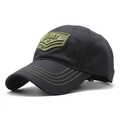 Detail of army style badge on black baseball cap with olive green embroidery stitching - 56-60cm (Adjustable) / Black