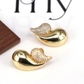Exquisite gold teardrop stud earrings with pavé cubic zirconia in minimalist French style - Water Drop Wing Half Inlaid / Gold Style 3