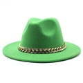 Detailed close-up of green wool fedora hat featuring a chunky gold metal chain link - Grass Green