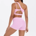 Pink one-shoulder yoga set with cutout back sports bra and high-waist fitness shorts - S / Sakura Pink