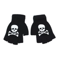 Schwarze Strickhandschuhe ohne Finger mit weißem Totenkopf- und Knochenmotiv - Einheitsgröße / Halbfinger Knochenskelett Schwarz