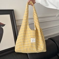 Gele geruite gebreide tote tas met merklabel voor dagelijks casual schoudergebruik - Geel Geruit