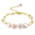 Close-up of gold paperclip chain bracelet featuring baroque pearls and crystal charm - Gold Pearl Paperclip Bracelet (0112)