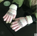 Pink and white knit touchscreen gloves with reindeer pattern and faux fur cuffs - One Size / Little Deer Pink
