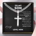 Silver stainless steel cross necklace with sentimental message card in black gift box - To My Son (Mum)-Silver Cross Cuban Chain