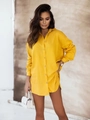 Detail of yellow oversized cotton-linen shirt featuring a lapel collar and casual texture - Yellow