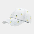 Close-up of small lemon embroidery on a light blue denim baseball cap with twill texture - Adjustable / Mango Light Blue