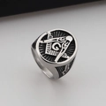 Vintage silver stainless steel Freemasonry ring with black oxidation and G logo - Silver Distressed Non-Slip Style (KR53747-LU)