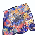 Detailed view of satin silk scarf featuring vibrant zebra and jungle botanical patterns - One Size / Navy Blue (Zebra Jungle Print)