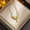Golden necklace featuring an angel wing and sword pendant with sparkling micro-pave crystals - Angel Necklace (815) / Gold