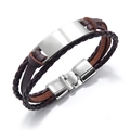 Men's multi-layer dark brown braided leather bracelet with polished silver engravable plate - Brown Leather Silver Buckle