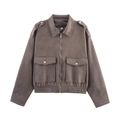 Giacca corta da donna marrone scuro in similpelle scamosciata con zip e grandi tasche - Taglia S / Grigio