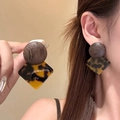 Leopard print resin geometric drop earrings with vintage tortoise shell pattern details - Silver Earring Post - Coffee