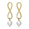 Infinity symbol earrings in gold finish featuring round white freshwater pearls - GPE49-14k Infinity Symbol Pearl Drop Earrings / Gold