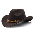 Detail view of dark brown wool felt cowboy hat featuring ethnic wooden beaded band decoration - M (56-58cm) Adjustable / Coffee