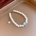 18k gold plated pearl bracelet with iridescent square charm and adjustable extension chain - 15 Bracelet-White-Blue