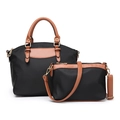Ensemble sac cabas en tissu Oxford noir avec sangles en cuir brun et sac bandoulière - Ensemble de 2 pièces (Cabas + Pochette intérieure) / Noir