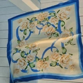 Elegant beige silk-feel square scarf with blue floral prints and navy borders - Rice-colored Floral Square Scarf / 65