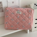 Quilted cosmetic bag with red and white plaid pattern and blue bow details - Clutch Bag / Red