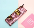 Detail of pink and gold reversible sequins on a rectangular mermaid pencil case with strap - Gold + Light Pink