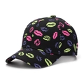 Detail of black cotton baseball cap featuring vibrant multi-colored lip prints all over - Black
